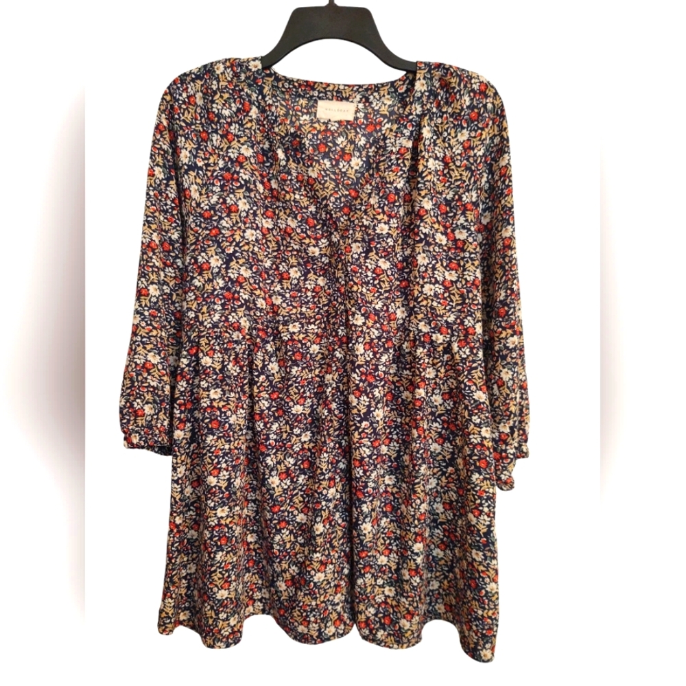 EUC MELLODAY Navy Blue Floral Pullover Blouse Size M